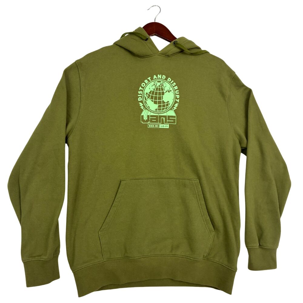 Vans Mens Medium Hoodie Distort Disrupt Globe Graphic Green Pullover Sweatshirt